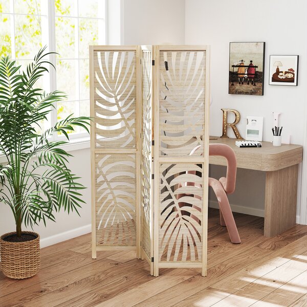 HOMCOM Paravento da Interno a 3 Pannelli Pieghevole e Separabile in Legno, Design a Foglie, 120x170 cm, Colore Legno | Aosom Italy