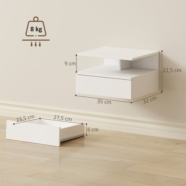 HOMCOM Set di 2 Comodini Sospesi con Cassetto e Mensola Aperta, 35x32x22.5 cm, Bianco | Aosom Italy