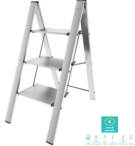 Scala in alluminio anodizzato 3 gradini Antiscivolo LEONARDO Dimensione 4,5x50x h106 cm Peso 6,20 Kg , telaio Ultrapiatto: 4cm di spessore