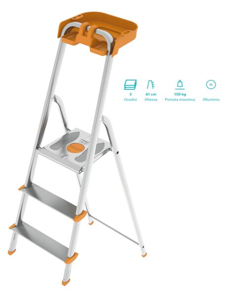 Scala in alluminio 3 gradini Modello Attica con porta oggetti 13x44xh131 cm -Peso 3,7 kg