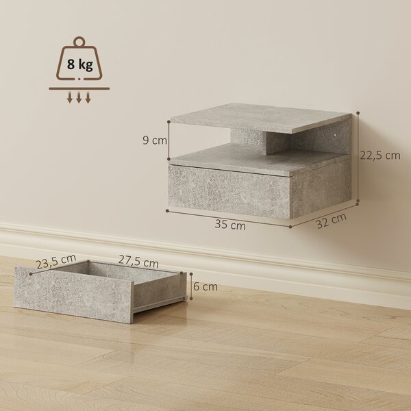 HOMCOM Set di 2 Comodini Sospesi con Cassetto e Mensola Aperta, 35x32x22.5 cm, Grigio Cemento | Aosom Italy