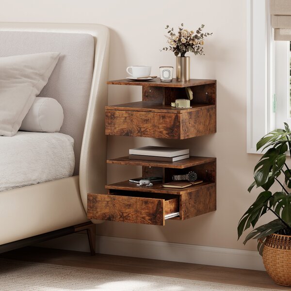 HOMCOM Set di 2 Comodini Sospesi con Cassetto e Mensola Aperta, 35x32x22.5 cm, Marrone Rustico | Aosom Italy