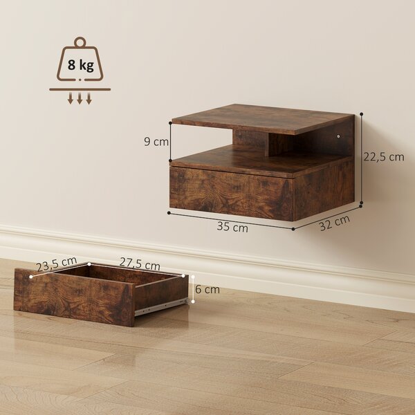 HOMCOM Set di 2 Comodini Sospesi con Cassetto e Mensola Aperta, 35x32x22.5 cm, Marrone Rustico | Aosom Italy