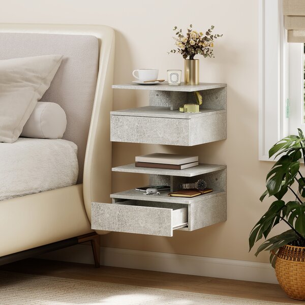 HOMCOM Set di 2 Comodini Sospesi con Cassetto e Mensola Aperta, 35x32x22.5 cm, Grigio Cemento | Aosom Italy