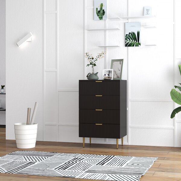 HOMCOM Cassettiera da 4 Cassetti Moderna, Comò con Maniglie Dorate e Dispositivo Antiribaltamento, 60x40x96 cm, Nero | Aosom Italy