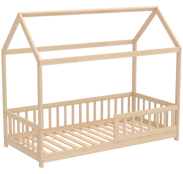 HOMCOM Struttura Letto per Bambini a Forma di Casetta con Doghe e Recinzione, in Legno di Pino, Color Legno | Aosom Italy