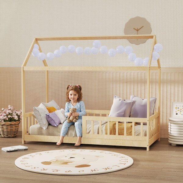 HOMCOM Struttura Letto per Bambini a Forma di Casetta con Doghe e Recinzione, in Legno di Pino, Color Legno | Aosom Italy