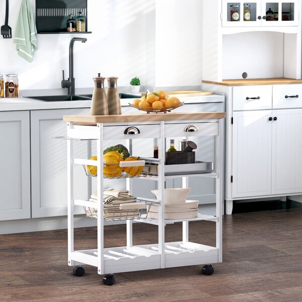 HOMCOM Carrello da Cucina con Ruote Cassetti e Portabottiglie Carrello Portabottiglie in Legno Bianco 74x37x76cm|Aosom