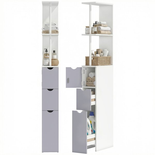 HOMCOM Mobiletto Bagno a Colonna Salvaspazio con 2 Cassetto, Armadietto e Ripiano Apert, in pannelli MDF, Bianco, 15x33x136.5cm|Aosom Italy