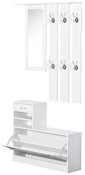 HOMCOM Appendiabiti ingresso con Scarpiera, Specchio, 6 Ganci, 2 Ripiani Regolabili e Cassetti per Corridoio, 90x24x177 cm, Bianco| Aosom Italy