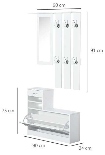 HOMCOM Appendiabiti ingresso con Scarpiera, Specchio, 6 Ganci, 2 Ripiani Regolabili e Cassetti per Corridoio, 90x24x177 cm, Bianco| Aosom Italy