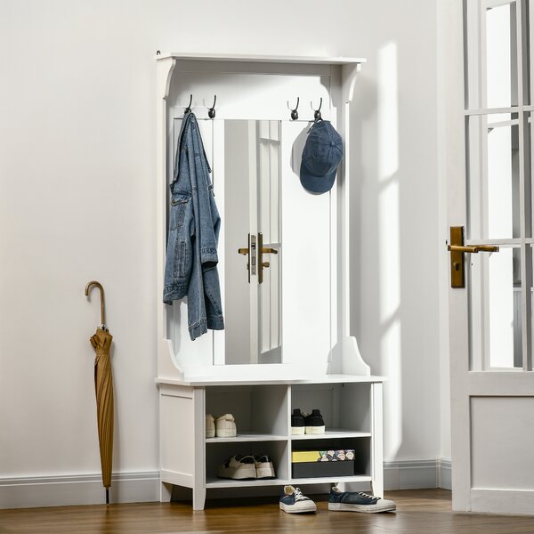 Homcom Mobile Ingresso con Appendiabiti Specchio e Scarpiera in Legno, 80x40x170cm, Bianco | Aosom Italy
