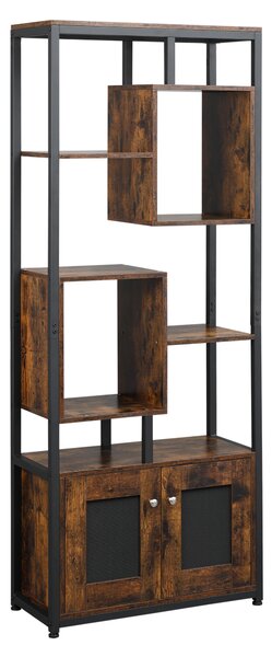 HOMCOM Mobile Libreria Scaffale in Stile Industriale con Armadietto a 2 Ante, Scaffale Salvaspazio a 8 Ripiani 70x30x180cm, Marrone