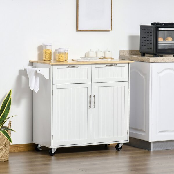 HOMCOM Carrello da Cucina Multiuso in Legno con 2 Cassetti, Armadietto e 4 Ruote, 104x46x91cm, Bianco|Aosom
