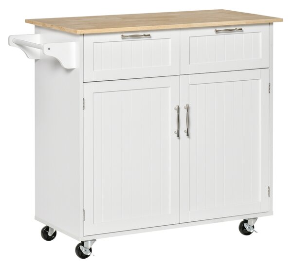 HOMCOM Carrello da Cucina Multiuso in Legno con 2 Cassetti, Armadietto e 4 Ruote, 104x46x91cm, Bianco|Aosom
