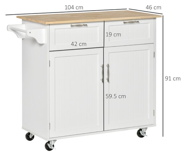 HOMCOM Carrello da Cucina Multiuso in Legno con 2 Cassetti, Armadietto e 4 Ruote, 104x46x91cm, Bianco|Aosom