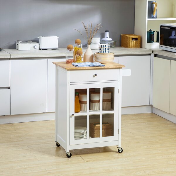 HOMCOM Carrello da Cucina Multiuso con Cassetto, Armadietto e 4 Ruote, in Legno Bianco, 67x48x86.5cm|Aosom