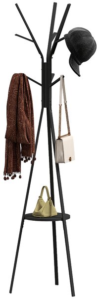 HOMCOM Attaccapanni da Terra in Metallo 180cm, 9 Ganci, 1 Ripiano, Base Triangolare, Ideale per Soggiorno, Camera da Letto, Ingresso, Nero | Aosom