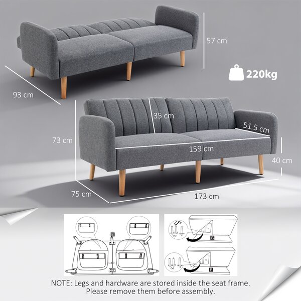 HOMCOM Divano Letto 2 Posti a 1 Piazza con Schienale Reclinabile, Rivestimento Tessuto e Gambe in Legno, 173x75x73cm, Grigio|Aosom