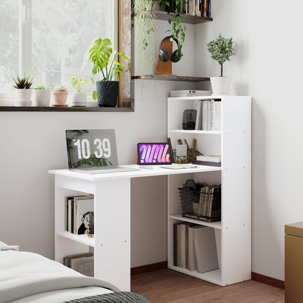HOMCOM Scrivania Computer con Libreria Porta PC Salvaspazio, Tavolo da Pranzo per Ufficio e Studio, 120x55x120 cm, Bianco|Aosom