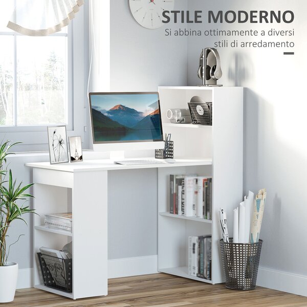 HOMCOM Scrivania Computer con Libreria Porta PC Salvaspazio, Tavolo da Pranzo per Ufficio e Studio, 120x55x120 cm, Bianco|Aosom