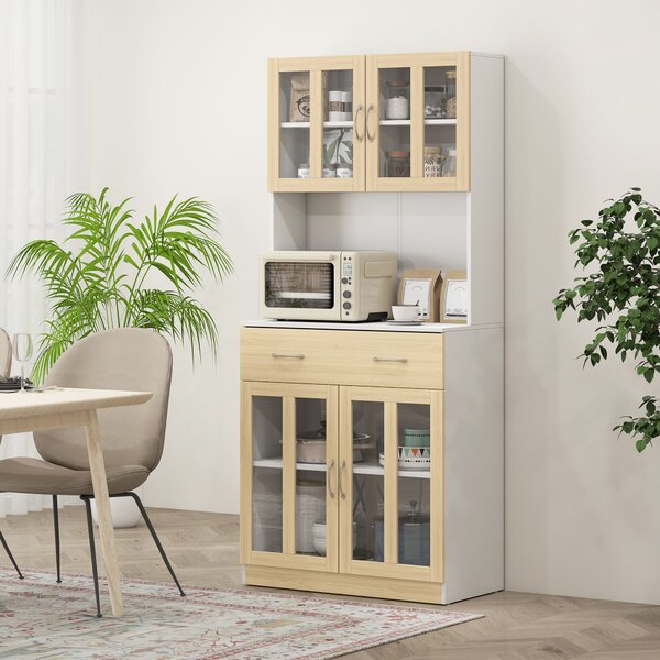 HOMCOM Credenza Cucina Armadio da 180cm con Ante in Vetro, Credenza Alta con Struttura in Legno, Cassetti e Armadietti, Bianco|Aosom