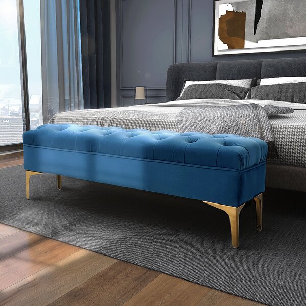 HOMCOM Panca Imbottita Fondoletto in Tessuto Vellutato, Panca per Camera da Letto e Ingresso con Decorazione a Trapunta, Piedini in Metallo, Blu|Aosom