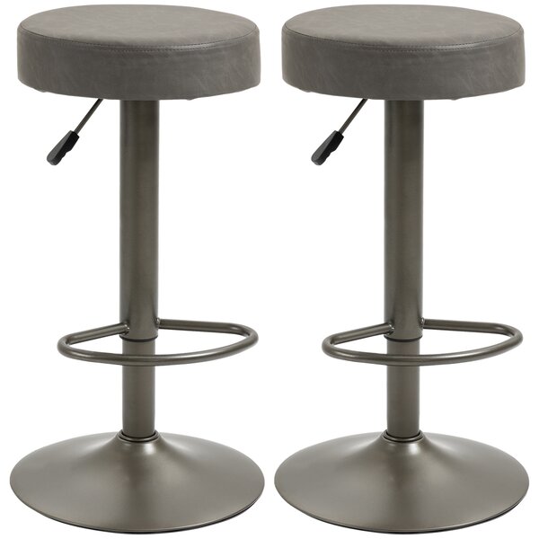 HOMCOM Set di 2 Sgabelli Per Bar e Cucina in Similpelle con Poggiapiedi, Altezza Regolabile e Ampia Base Tonda in Acciaio, Grigio | Aosom