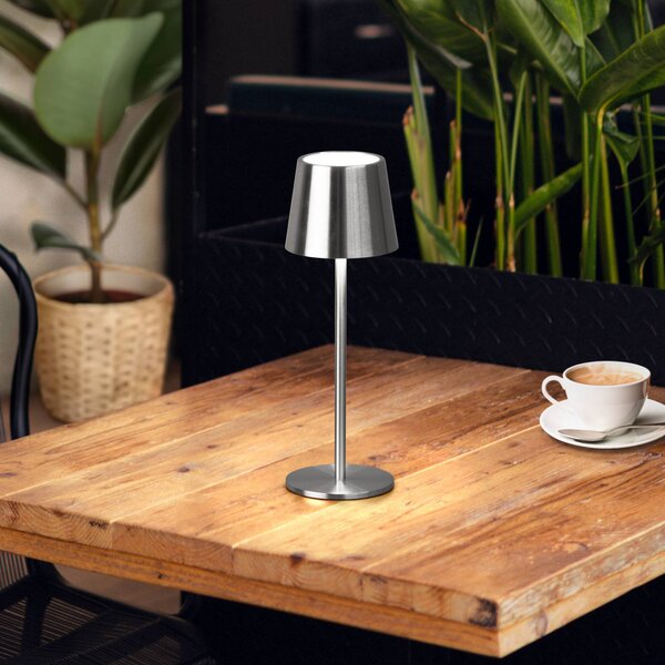 FH Lighting Lampada LED da tavolo a batteria Roxi, color nichelo, metallo, IP54, dimmerabile, Alluminio / Grigio / Zincato, Soggiorno / Sala da pranzo, Metallo, Moderno