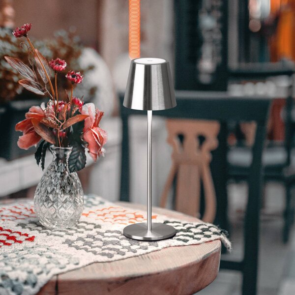 FH Lighting Lampada da tavolo LED ricaricabile Viletto, color nichelo, IP54 dimmerabile, Alluminio / Grigio / Zincato, Metallo, Moderno