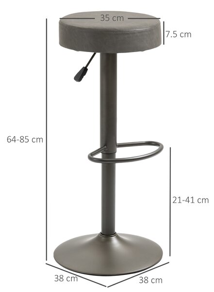 HOMCOM Set di 2 Sgabelli Per Bar e Cucina in Similpelle con Poggiapiedi, Altezza Regolabile e Ampia Base Tonda in Acciaio, Grigio | Aosom