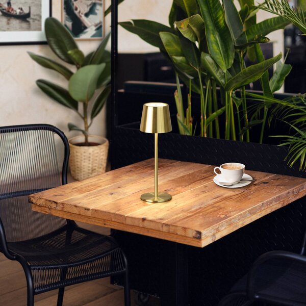 FH Lighting Lampada LED da tavolo a batteria Roxi, color ottone, metallo, IP54 Dimmer dimmerabile, Ottone / Oro, Soggiorno / Sala da pranzo, Metallo, Moderno