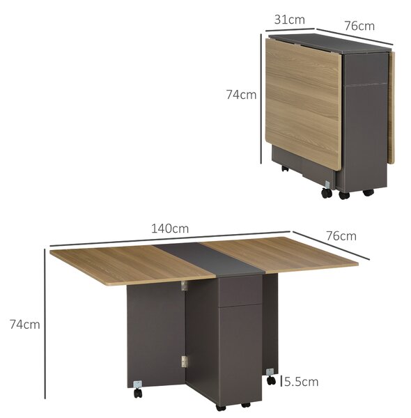 HOMCOM Tavolo Pieghevole Rettangolare da Pranzo in Truciolato con 2 Cassetti, un Armadietto e 6 Ruote, max. 6 Persone, 140x76x74cm, Color Legno|Aosom