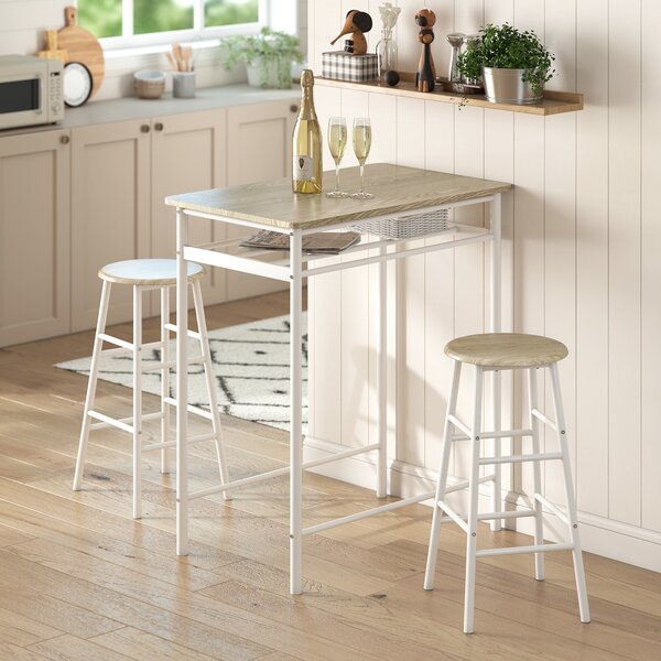 HOMCOM Set Tavolo Alto Bar con 2 Sgabelli Alti in Legno Stile Nordico, con Mensola e Sgabelli Cucina con Poggiapiedi, Bianco|Aosom Italy