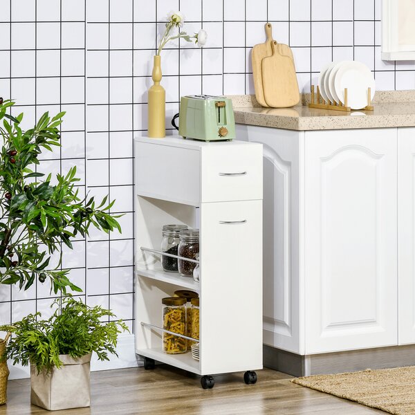 HOMCOM Carrello da Cucina in Truciolato e Acciaio Inox con 2 Ripiani Aperti, Cassetto Estraibile e Parapetti Anticaduta, 25x50x85 cm, Bianco|Aosom