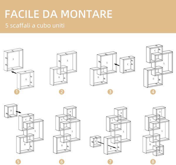 HOMCOM Libreria Moderna Sospesa con 5 Cubi Intrecciati in Legno, 49.5x10.2x86cm, Bianco|Aosom