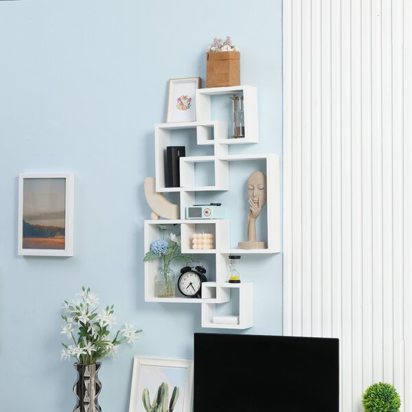 HOMCOM Libreria Moderna Sospesa con 5 Cubi Intrecciati in Legno, 49.5x10.2x86cm, Bianco|Aosom
