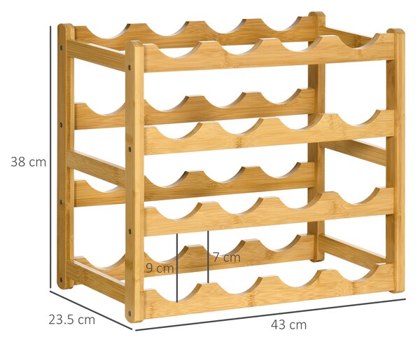 HOMCOM Scaffale Portabottiglie Vino a 4 Livelli per 16 Bottiglie in Legno di Bambù, 43x23.5x38cm|Aosom