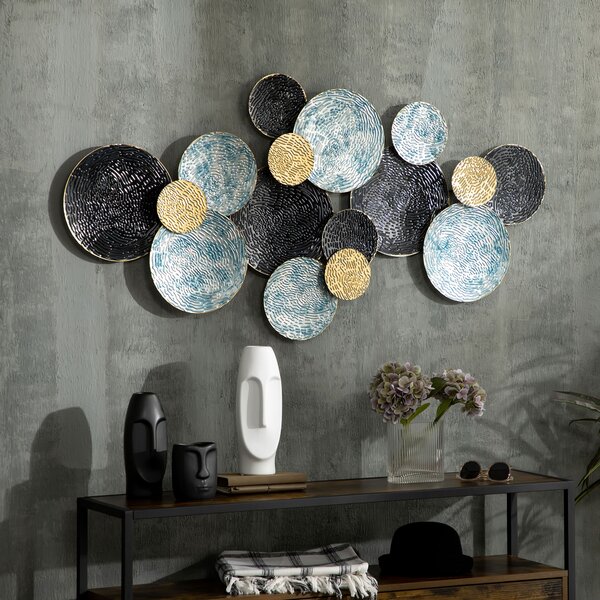 HOMCOM Decorazione Murale in Metallo 3D, Wall Art a Cerchi 133x66cm, Blu, Nero e Oro|Aosom