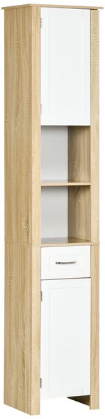 Kleankin Mobile Bagno Alto in Truciolato con un Cassetto, 2 Armadietti e 2 Ripiani Aperti Regolabili, 37x30x184 cm, Bianco e color Legno|Aosom