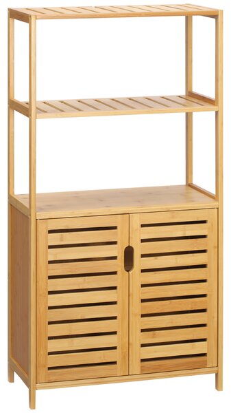 Kleankin Mobiletto Bagno Moderno con 2 Ripiani Aperti e Armadietto a 2 Ante in Bambù e a doghe, 60x30x120 cm, Naturale | Aosom Italy
