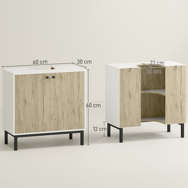 Kleankin Mobile Bagno Sotto Lavabo a 2 Ante con Ripiano Interno in Truciolato e Acciaio, 60x30x60 cm, Bianco e Rovere|Aosom