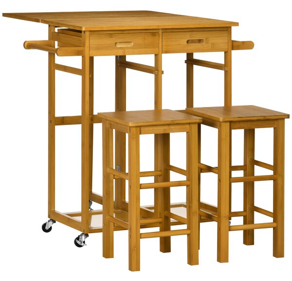 HOMCOM Carrello da Cucina con Tavolino Pieghevole e 2 Sgabelli, Ruote e Cassetti in Legno di Bambù | Aosom Italy