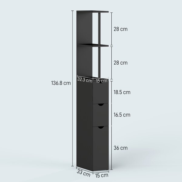 HOMCOM Mobile Colonna Salvaspazio in Legno con Ripiani, Armadietto e Cassetti, Nero, 15x33x136cm|Aosom