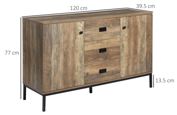HOMCOM Credenza Moderna con 2 Armadietti a 2 Ante con Ripiani regolabili e 3 Cassetti, Mobile dall'aspetto retrò in truciolato, Marrone|Aosom Italy