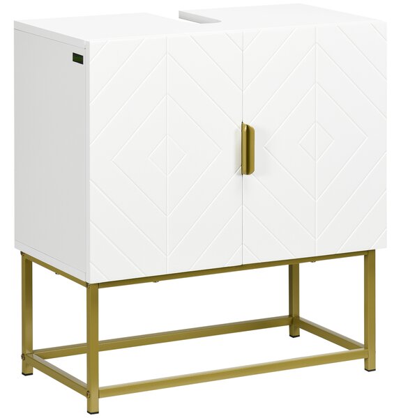 Kleankin Mobile Bagno Sottolavabo in Legno e Acciaio con Armadietto 2 Ante Spazioso 60x30x65cm Elegante Bianco e Oro per Arredo Bagno Moderno|Aosom