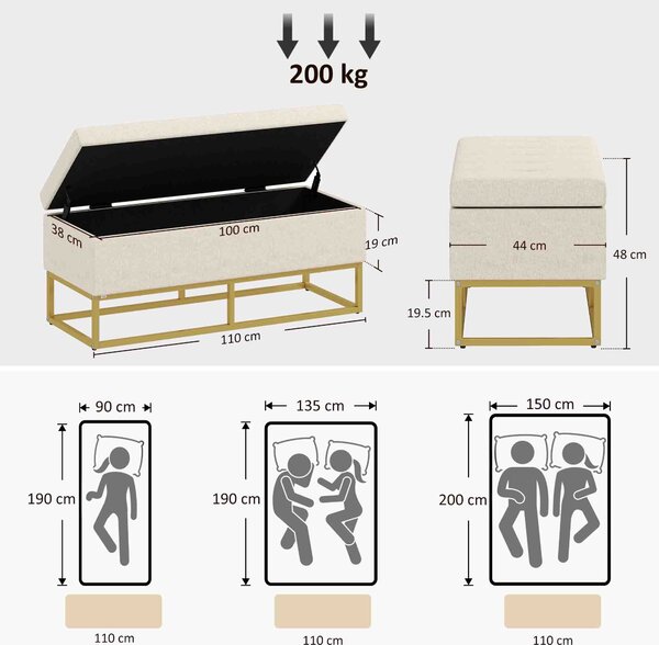HOMCOM Panca con Contenitore in Poliestere Trapuntata con Gambe in Acciaio d'oro, 110x44x48cm, Beige