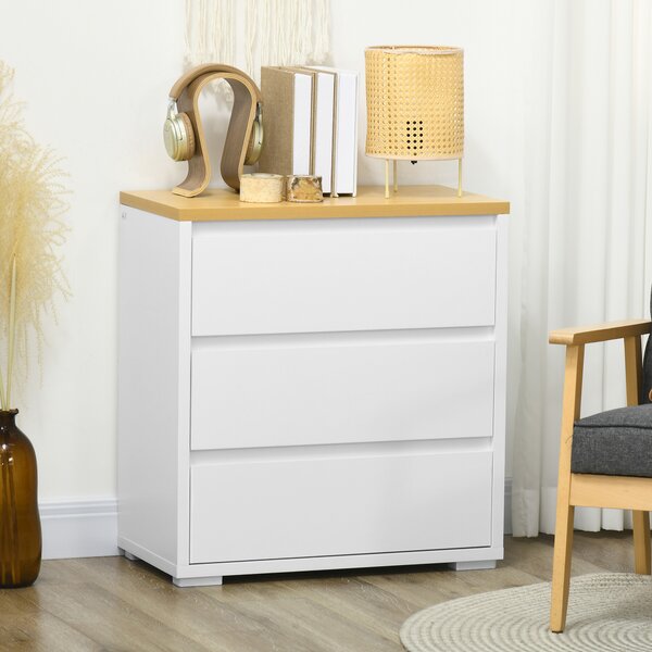 HOMCOM Cassettiera a 3 Cassetti in Truciolato Bianco per Camera da Letto, Studio e Soggiorno, 70x37x75cm|Aosom