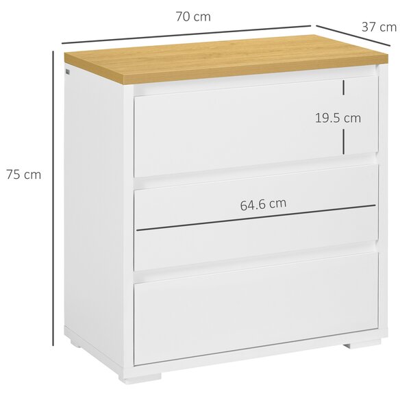 HOMCOM Cassettiera a 3 Cassetti in Truciolato Bianco per Camera da Letto, Studio e Soggiorno, 70x37x75cm|Aosom