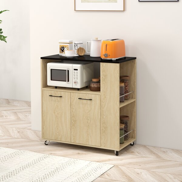 HOMCOM Carrello da Cucina con Ripiano Aperto, Armadietto e Scaffale Laterale, in Legno, Mobiletto Cucina con Ruote, Rovere e Nero | Aosom Italy